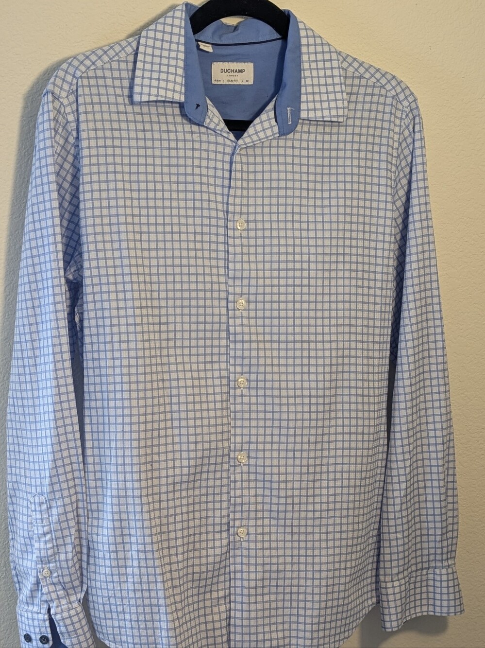Duchamp London Slim Fit Blue Check Dress Shirt Men's 15.5 M 39 Stretch Cotton